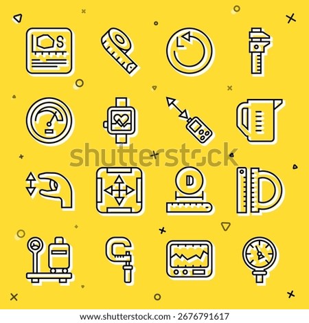 Set line Pressure water meter, Protractor and ruler, Measuring cup, Radius, Smart watch, Speedometer, Area measurement and Laser distance measurer icon. Vector