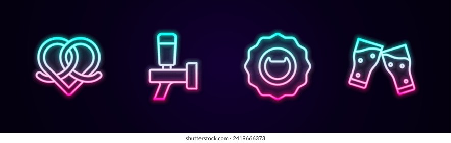 Set line Pretzel, Beer tap, Bottle opener and Glass of beer. Glowing neon icon. Vector