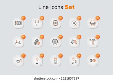 Set-Linie Brezel, Bierhahn, Flaschenöffner, Glas Bier, Trompete, getrockneter Fisch, Dose und Holzfass auf Rack-Symbol. Vektorgrafik