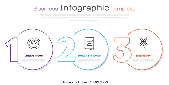 Set line Pretzel , Cookbook  and Windmill . Business infographic template. Vector