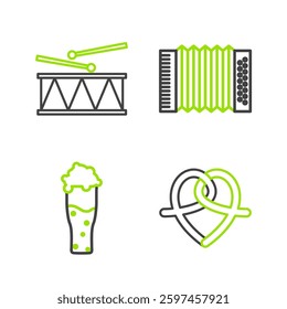 Set line Pretzel, Glass of beer, Musical instrument accordion and drum and drum sticks icon. Vector