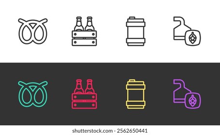 Set line Pretzel, Pack of beer bottles, Metal keg and Beer brewing process on black and white. Vector