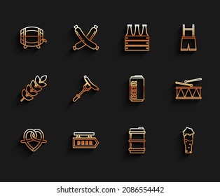 Set line Pretzel, Street signboard with inscription Beer, Wooden barrel rack stopcock, Metal beer keg, Glass of, Sausage the fork, Musical instrument drum and drum sticks and can icon. Vector