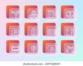 Set line Pretzel, Wheat, Accordion, Heart with glass of beer, Hotdog sandwich, Wooden mug, Dried fish and barrel icon. Vector