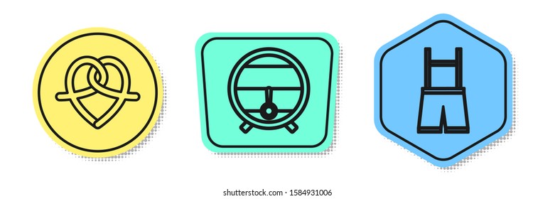 Set line Pretzel, Wooden barrel on rack with stopcock and Lederhosen. Colored shapes. Vector