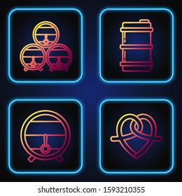 Set line Pretzel, Wooden barrel on rack with stopcock, Wooden barrel on rack with stopcock and Metal beer keg. Gradient color icons. Vector