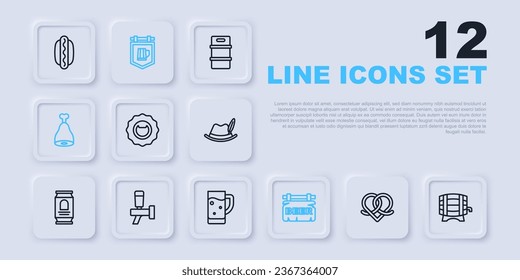 Set line Pretzel, Wooden barrel on rack, Bottle opener, Street signboard with Beer, Chicken leg, tap, beer and Glass of icon. Vector
