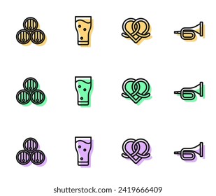 Set line Pretzel, Wooden barrel, Glass of beer and Trumpet icon. Vector