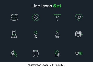 Set line Pretzel, Wooden beer mug, barrel, Beer bottle, on rack, Chicken leg, Glass of and Lederhosen icon. Vector