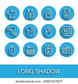 Set line Price tag with dollar, T-shirt, Fish plastic tray container, Identification badge, Toilet paper roll, Shopping cart computer and Supermarket food products price label icon. Vector