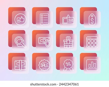 Set line Price tag with dollar, Sale, Gift box, Discount percent, Money shield, Identification badge, Hand like and Shopping list icon. Vector