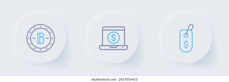 Set line Price tag with dollar, Laptop and Bitcoin icon. Vector