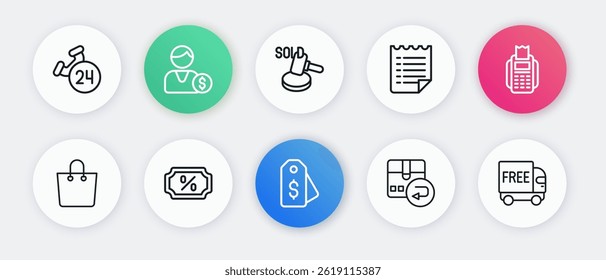 Set line Price tag with dollar, POS terminal, Paper shopping bag, Return cardboard box, Wish list template, Auction hammer, Free delivery service and Discount percent icon. Vector