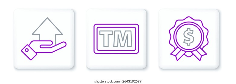 Set line Price tag with dollar, Money on hand and Trademark icon. Vector