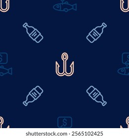 Set line Price tag for fish, Bottle of vodka and Fishing hook on seamless pattern. Vector