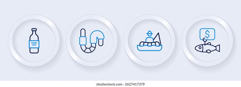 Set line Price tag for fish, Fisherman in boat, Worm and Bottle of vodka icon. Vector