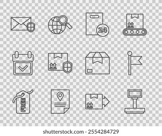 Set line Price tag with Free, Scale, Delivery cardboard boxes, Document tracking marker system, Envelope shield, pack security, Cardboard traffic symbol and Location icon. Vector