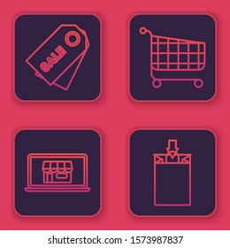 Set line Price tag with an inscription Sale, Shopping building on screen laptop, Shopping cart and Paper shopping bag. Blue square button. Vector