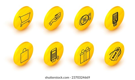 Set line Price tag with an inscription Sale, POS printed reciept and confirms the payment by smartphone, Signboard hanging discount percent, Human hand holding and Shopping cart icon. Vector