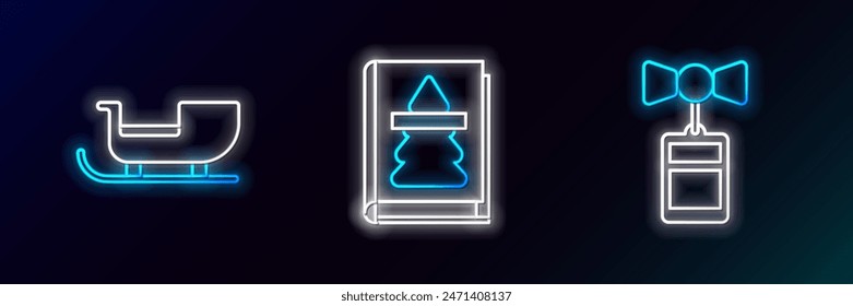 Set line Price tag with an inscription Sale, Christmas santa claus sleigh and book icon. Glowing neon. Vector