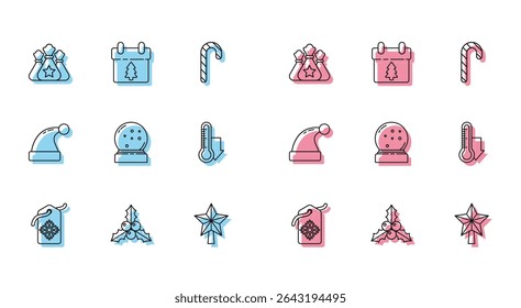 Set line Price tag with an inscription Sale, Santa Claus bag gift, Christmas star, snow globe fallen snow, Meteorology thermometer measuring, hat and Calendar icon. Vector