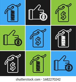Set line Price tag with New, Price tag with dollar and Hand holding coin icon. Vector