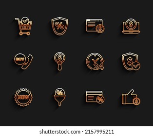 Set Line Price Tag With New, Lead Management, Shopping Cart Check Mark, Discount Card Percent, Hand Holding Coin, Magnifying Glass Dollar, Shield And Clock 24 Hours Icon. Vector