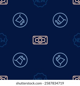 Set line Price tag with New, Shopping cart and Stacks paper money cash on seamless pattern. Vector