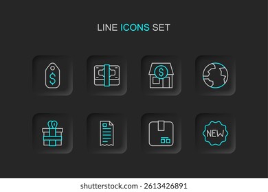 Set line Price tag with New, Carton cardboard box, Financial check, Gift, Worldwide, Market store, Stacks paper money cash and dollar icon. Vector