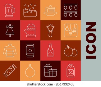 Set line Price tag with Sale, Tangerine, Christmas lights, Cake, mitten, Merry ringing bell, Wooden beer mug and star icon. Vector
