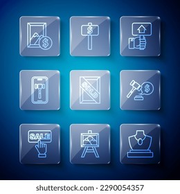 Set line Price tag with Sale, Auction painting, jewelry sale, Hand holding auction paddle, sold, Online,  and hammer price icon. Vector