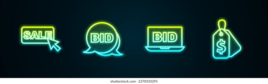 Set line Price tag with Sale, Bid, Online auction and . Glowing neon icon. Vector