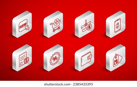 Set line Price tag with Sale, Add to Shopping cart, basket and euro, Smartphone dollar, Wallet, Button text New, Discount percent and Paper check financial check icon. Vector