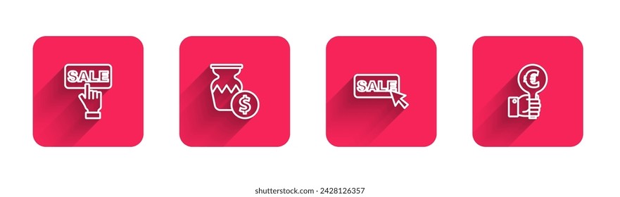 Set line Price tag with Sale, Auction ancient vase,  and Hand holding auction paddle with long shadow. Red square button. Vector