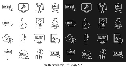 Set line Price tag with Sale, Auction painting, ancient vase, hammer, Bid,  and Hand holding auction paddle icon. Vector