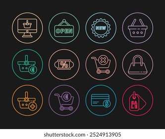 Set line Price tag with Sale, Handbag, text New, Discount percent, Shopping basket euro, Monitor shopping, Remove cart and Hanging sign Open icon. Vector