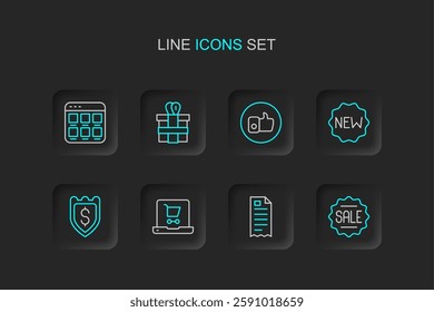 Set line Price tag with Sale, Financial check, Shopping cart on screen laptop, Shield dollar, New, Hand like, Gift box and Online shopping icon. Vector