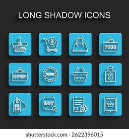 Set line Price tag with Sale, Buy button, Shopping basket, Paper check and financial check, tablet, text New, Shoping bag dollar and  icon. Vector