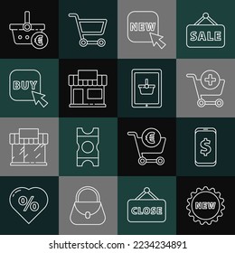 Set line Price tag with text New, Smartphone dollar, Add to Shopping cart, Button, building or market store, Buy button, basket and euro and tablet icon. Vector