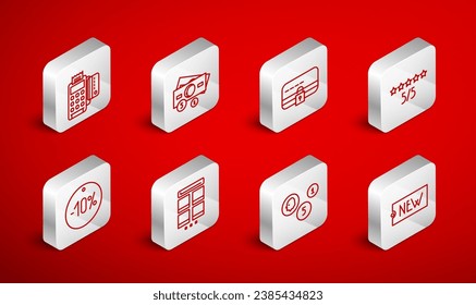 Set line Price tag with text New, Credit card lock, Consumer or customer product rating, Coin, POS terminal credit, Online shopping mobile and Ten discount percent icon. Vector