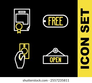 Set line Price tag with text Free, Hanging sign Open, Hand holding money and Certificate template icon. Vector