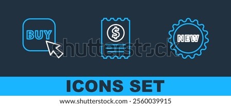 Set line Price tag with text New, Buy button and Paper check and financial check icon. Vector