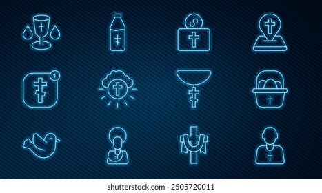 Set line Priest, Basket with easter eggs, Donation for church, Religious cross in circle, Online pastor preaching, Christian chalice, chain and Holy water bottle icon. Vector