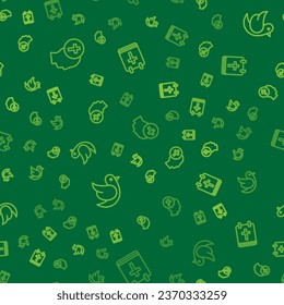 Set line Priest, Dove and Calendar with Easter on seamless pattern. Vector