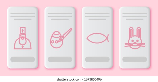Set line Priest, Easter egg and paint brush, Christian fish and Easter rabbit. White rectangle button. Vector