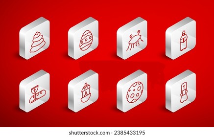 Set line Priest, Easter egg, Pastafarianism, Monk, Moon, Stack hot stones, Ramadan Kareem lantern and First communion symbols icon. Vector