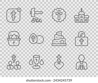 Set line Priest, Hands in praying position, Christian cross, chalice, Online church pastor preaching, Easter egg, Religious heart and Donation for icon. Vector