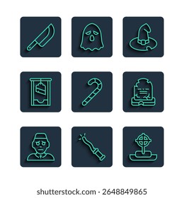Set line Priest, Magic wand, Tombstone with cross, Witch hat, Christmas candy cane, Guillotine, Knife and RIP written icon. Vector