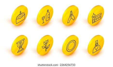 Set line Priest, Sun, Flower tulip, Christian chalice, Church building, Hands praying position, Wine bottle with glass and Easter cake candle icon. Vector