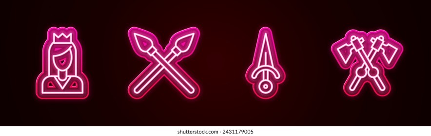 Set line Princess, Crossed medieval spears, Dagger and axes. Glowing neon icon. Vector